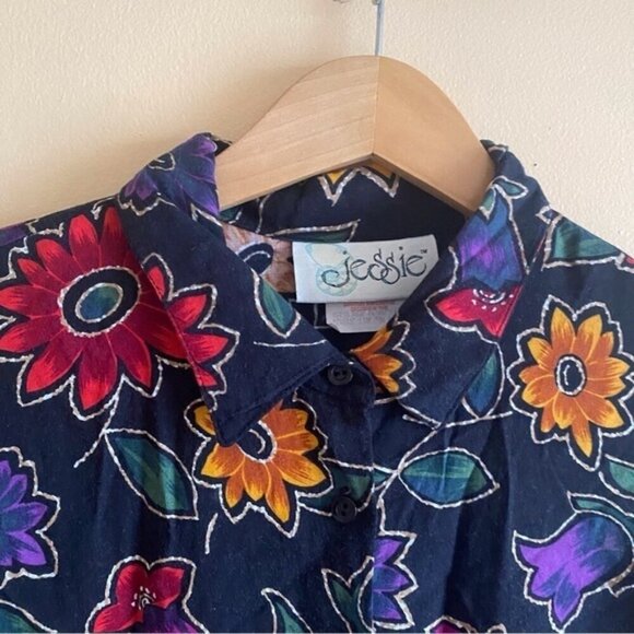 Vintage Jessie 90s Rayon Collared Floral Long Sleeve Blouse Large Dopamine Retro - Picture 1 of 11